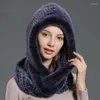 Scarves Rex Fur Hat Hooded Scarf Winter Knitted Hats For Woman Warm With Neck Collar Natural