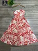 Casual Dresses Summer Red Flower Print Ruffles Women Sling Dress Axless midja Elastic Midi Camisole Lad Long Ball Gown