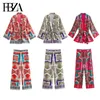 Womens Two Piece Pants TRAF clothing 2pc set Summer Satin Printed Kimono coat Top Chic Office Lady Straight High Waist Trousers 230810