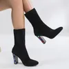Boots 2023 Black Women Ankle High Heels Short Socks Boot Flock Heel Female Sexy British Style Booties Spring Big Size 230810