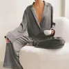 Vêtements de nuit pour femmes printemps été noir mince maison vêtements Satin pyjamas Femmes glace soie ample à manches longues pyjama ensemble Sexy col en V