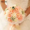 Decorative Flowers Wreaths YO CHO Bridal Wedding Bouquet Bridesmaid Artificial PE Rose Flower Fake Pearl Pink Supplies Festival Decorations 230809