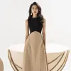 Casual Dresses Khaki Elegant Dress For Women 2023 Patchwork Vintage Sleeveless Bodycon Ladies O-neck Luxury Design Party Vestido Summer