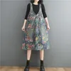 Casual Dresses Vintage Denim Maxi Long Dress Women Summer Loose Sleeveless Flower Print Female Oversized Pullover Jean
