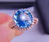 Klusterringar E422 Aquamarine Ring Fine Jewelry Pure 18K Gold Natural 5.2CT Blue Gemstones For Women Födelsedagspresenter