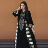 Etniska kläder Ramadan Eid Black Fashion Maxi Dress for Women Modest Muslim Turkiet Arabiska Dubai Embodier V Neck Long Sleeve Jalabiya 2023