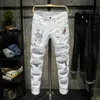 Mens Jeans Men Streetwear personalità Strappato stampato bianco skinny Hip Hop Punk Casual pantaloni jeans denim stretch moto 230809