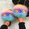 Slippers Real Fox Fur Slippers Fluffy Flip Flops Shiny Chain Furry Fur Slides Plush House Slippers Women Beach Flat Sandals Summer Shoes H0914 Z230810