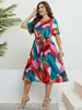 Sukienki w rozmiarze plus kobiety 2023 Summer krótkiego rękawu O-Drock moda Vintage A-Line Print Big Party Casual Dress 3xl 4xl