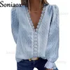 Autumn Fashion Deep V Neck Loose Chiffon Shirt Women Solid Color Jacquard Sweet Female Blouse Casual Splicing Hollow Lace Tops T230810