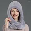 Scarves Rex Fur Hat Hooded Scarf Winter Knitted Hats For Woman Warm With Neck Collar Natural