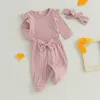 Kläduppsättningar beqeuewll baby flickor jumpsuits set fast färg ruffle bomull hudvård och avslappnade byxor med bågdekoration