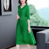 Casual Dresses 2023 Fashion V-Neck Stave Få midja Lace-up Green Dress Elegant High A-Line Korean Vintage Lady