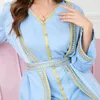 Ethnische Kleidung Arabisch Zweiteiliges Kleid V-Ausschnitt Goldgürtel Knopf Stickerei Chiffon Lange Kleider Sommer Blauer Kaftan Damen