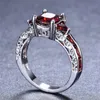 Elegant Women Silver Color Princess Square Cut Garnet Red Stone Engagement Wedding Rings for Women Jewelry Gift