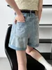 Women's Jeans 2023 Summer Korean Style Cuffs Wide Leg Denim Pants With Belt High Waisted Blue Shorts For Women