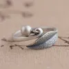 Band Rings Unibabe S925 Sterling Silver Retro Bambu Leaf Ball Open Ring Women Thai Silver Simple Craft Leaves Women's Ring Smyckespresent