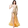 Scene Wear Women Dance Performance Pärled Outfit Cup 34B 36B 38B Egyptian Belly Costume Set Gold Bh and Kirt