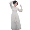 Casual Dresses Dalmazzo Designer French Fashion Mesh broderi Slim Long Dress Women Lantern Sleeve Big Size A Line Vestidos 2023