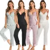 Roupa de dormir feminina sexy pijama feminino renda imitação de seda calças curtas suspensórios camisola divertida para casa conjunto feminino de 2 peças