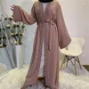 Ethnic Clothing Eid Kimono Turkey Muslim Fashion Dress Dubai Abaya Woman Front Pearl Embellished Cardigan Robe Musulman European Islam