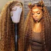 26 tum Highlight Ombre Spets Front Wig Curly Human Hair Wigs Honey Blonde Colored HD Deep Waval Frontal Wigs For Black Women