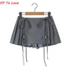 Skirts Y2K Zipper Lace-up Mini Skirts Shorts Sashes Pleated Brown Grey White Blogger Streetwear Sexy Outfit Bottom 230809