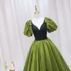 Party Dresses SunnyBridal Vintage Puff Sleeve Ladies Evening Dress Elegant Dark Green V Neck Long Prom Formal Women