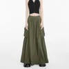 Skirts Military Green Long For Women Fashion 2023 Large Swing Maxi High Waist Pocket Workwear A-line Retro Korean