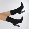 Boots 2023 Black Women Ankle High Heels Short Socks Boot Flock Heel Female Sexy British Style Booties Spring Big Size 230810