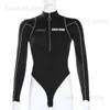 Long sleeve bodysuit women Personality reflective high-neck zipper one-piece tops women's tight bottoming sexy body T-shirt Y2K T230810