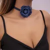 Gargantilha Romântica Grande Flor Rosa Clavícula Corrente Colar Feminino Elegante Moda Coreana Curto Azul Denim Jóias Feminina