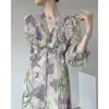 Casual Dresses Chiffon Design Feel Ruffled Pleated Kirt Mid Length Dress 2023 Spring Sweet Print V-Neck