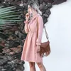 Casual Dresses Corduroy Bowknot Mini Dress Women Solid Sleeveve Slå ner krage Party Ladies A-Line-knapp ELEGANT 2023