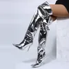 Boots Sexy Silver Mirror Thigh High Boot T Show Pointy Toe Club Party Shoes Thin Heels Over The Knee Long For Women 230817