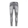 Jeans pour hommes Design Fashion Ripped Grey Distressed Streetwear Slim Leather Patchwork Denim Pants