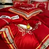 Hochzeits Heimtextile Red Jacquard Satin Baumwoll Bettwäsche Set Luxus König Queensize