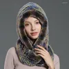 Scarves Rex Fur Hat Hooded Scarf Winter Knitted Hats For Woman Warm With Neck Collar Natural