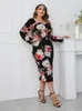 Plus Size Dresses Summer Floral Midi Dress Women Flower Print Bodycon Backless Long Sleeve Ladies Elegant Modis Woman 2023