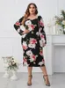 Plus Size Dresses Summer Floral Midi Dress Women Flower Print Bodycon Backless Long Sleeve Ladies Elegant Modis Woman 2023