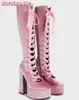 Boots Velvet Platform Lace Up Thigh High Block Heel Side Zipper Pink Solid Women Shoes Long Fashion Sweet Style 2023 230810