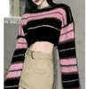 Women's Sweaters Y2K Korean Style Pink Cropped Sweater Women Striped Jumper Vintage Female Autumn Long Sleeve Crewneck Pullovers Tops 230809