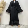 Ethnic Clothing Muslim Abayas Women Black Floral Embroidery Mesh Gauze Loose Lace-up Robe Simple Dress Abaya Elegant