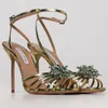 Berömd design stardust sandaler skor kvinnor lady aquazzura party bröllop klänning sandalias party bröllop juvelerad blomma-embellation höga klackar eu35-43