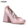 Buty sukienne marka gmqm moda damska wysokie obcasy Silk Balet Pumps Bowknot platforma kwadratowa palca koronkowa up lolita dziewczyna elegancka 230809