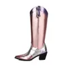 Boots Tacones Hollowed Color Blocking Glossy Patent Leather Shoes Pointed Toe Thick High Heel Long Cosplay For Female 230810
