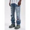 Men's Jeans High Street Washed Distressed Color Contrast Patchwork Trendy Big Damage Patch Retro Loose Casual Clothing
