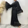 Etniska kläder muslimska abayas kvinnor svart blommig broderi mesh gasväv lös snörning mantel enkel klänning abaya elegant
