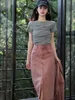 Womens Jackets Spring Autumn Washed Distressed Pink Vintage Casual Buttonup Women Denim Jacket High Waist Solid Color Long Skirt Mujer 230810