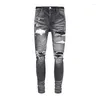 Jeans pour hommes Design Fashion Ripped Grey Distressed Streetwear Slim Leather Patchwork Denim Pants
